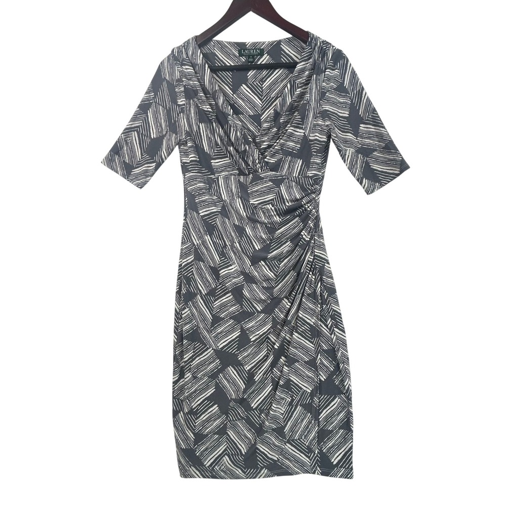 Lauren Ralph Lauren Faux Wrap Sheath Dress 6 Grey White Abstract Print Stretch